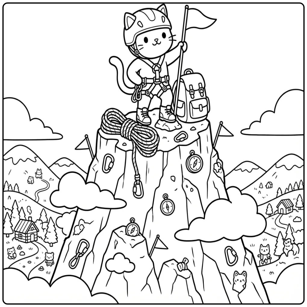 Sportieve kleurplaat kat moeilijk op een rotsachtige bergtop.