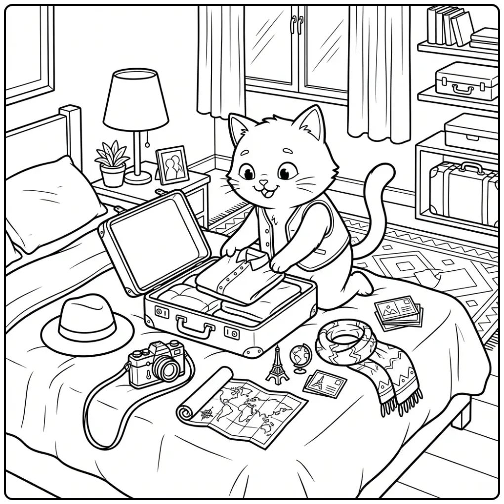 Reizende kleurplaat kat voor volwassenen pakt koffer in.