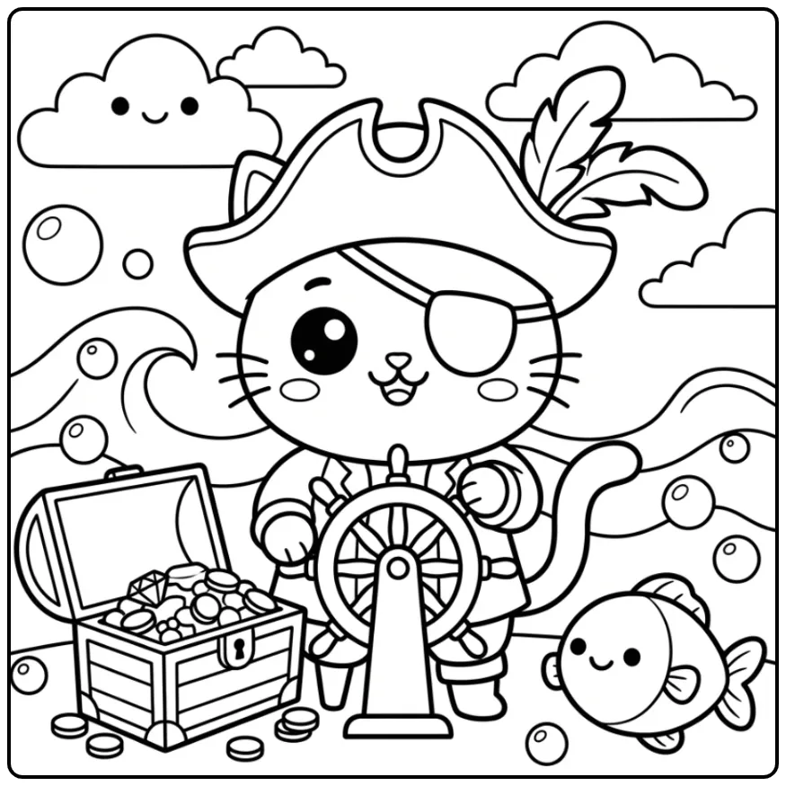 Schattige kleurplaat kawaii kat als kleine piraat.