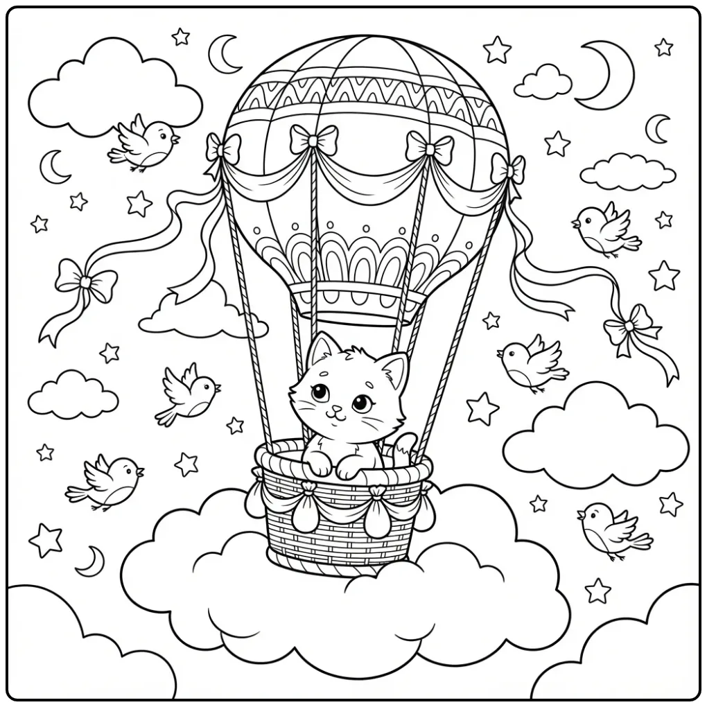 Kleurplaat kitten in luchtballon met vogeltjes en wolken.