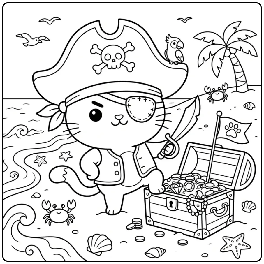 Een stoere kleurplaat kitten piraat op schattenjacht.