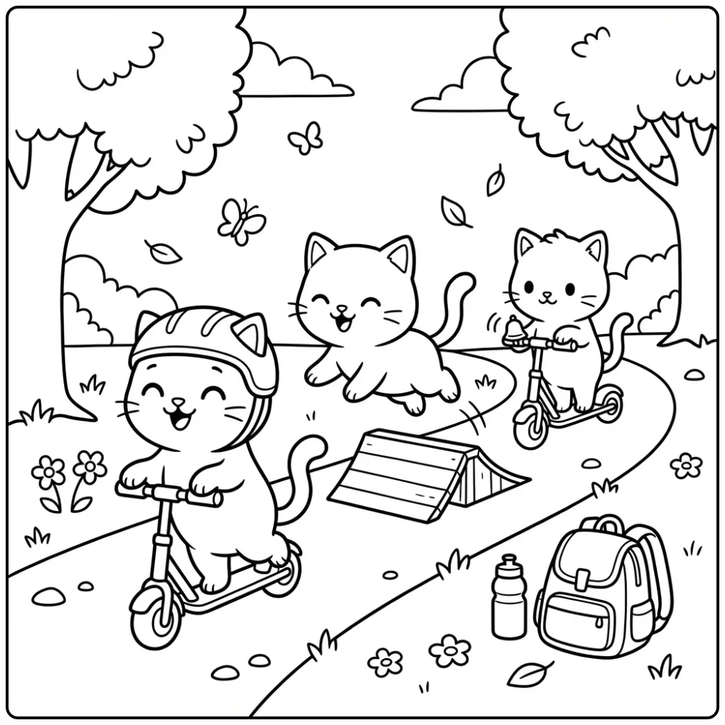 Drie vrolijke kleurplaat kittens op steps in het park.