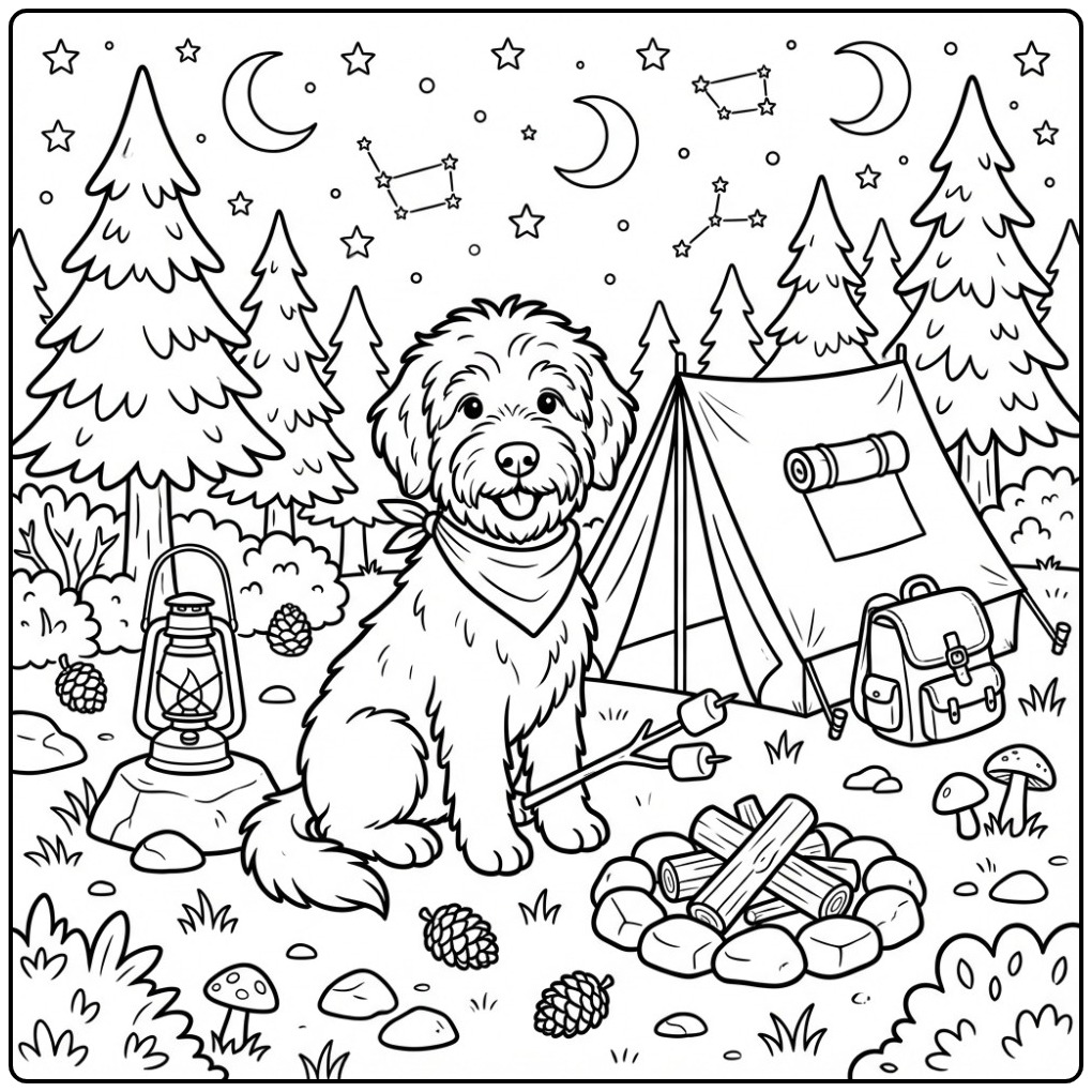 Vrolijke kleurplaat labradoodle die kampeert in het bos.