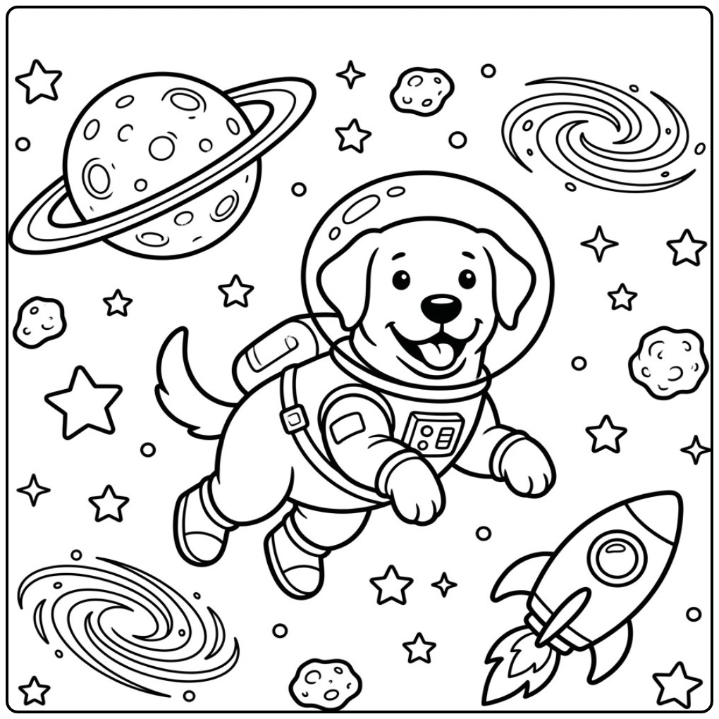 Schattige kleurplaat labrador als een astronaut in de ruimte.