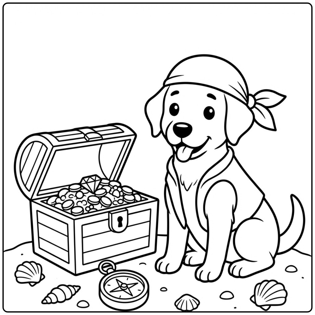 Een schattige piraat kleurplaat labrador naast een schatkist.