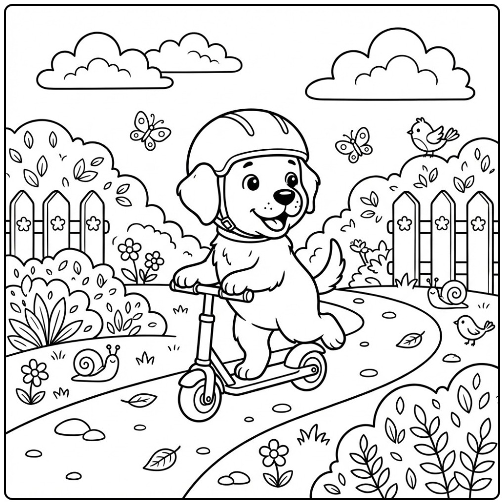 Vrolijke kleurplaat labrador pup die op een step rijdt.