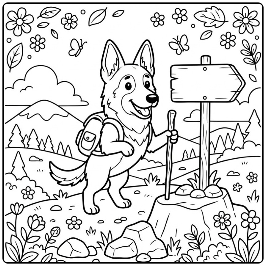 Een schattige kleurplaat mechelse herder op een bergpad.