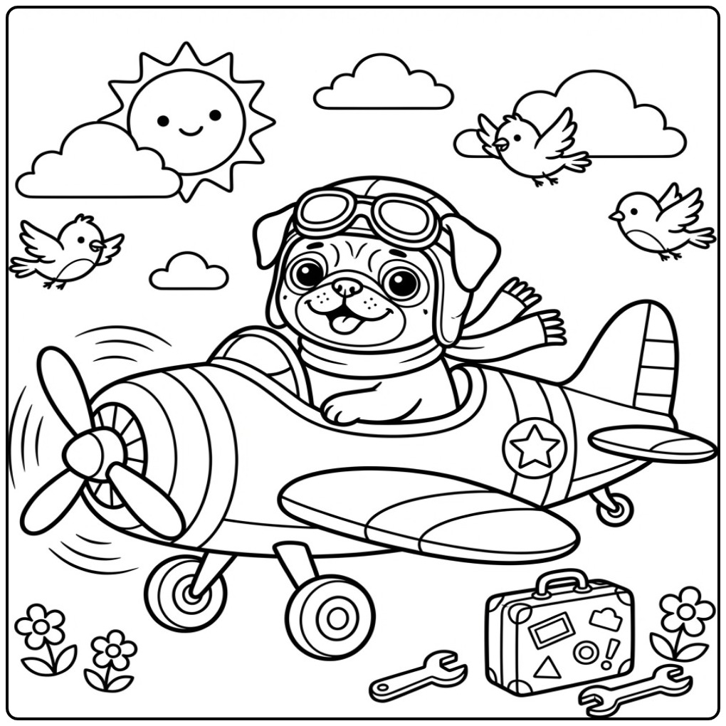 Een leuke kleurplaat mopshond als piloot in een vliegtuigje.