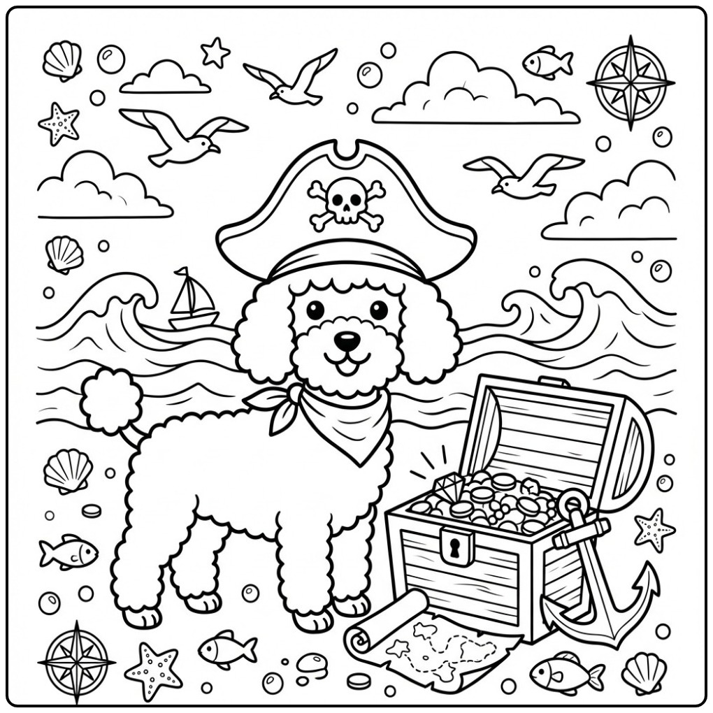 Een leuke kleurplaat poedel verkleed als piraat op het strand.