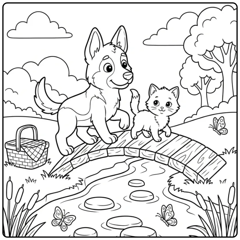 Leuke kleurplaat puppy en kitten op een houten brug in het park.