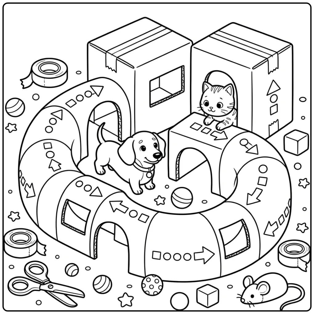 Leuke kleurplaat puppy en kitten in kartonnen tunneldoolhof