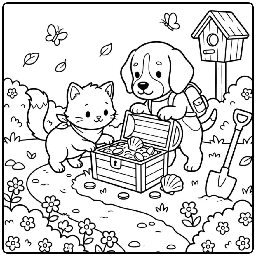 Schattige kleurplaat puppy en kitten bij een schatkist.