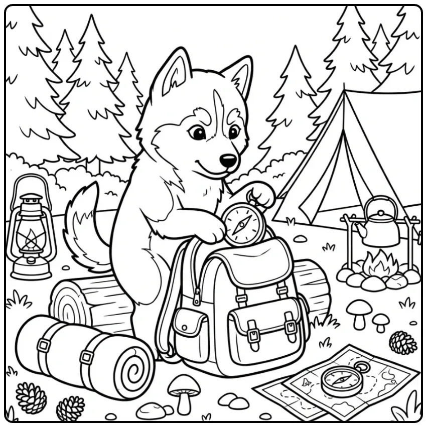 Husky kampeert kleurplaat puppy moeilijk met tent en kaart