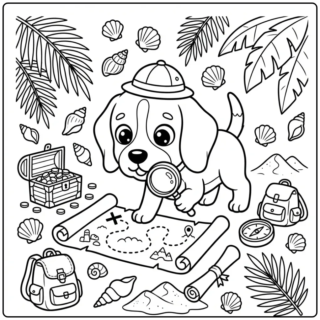 Kleurplaat schattige puppy zoekt schat met vergrootglas.