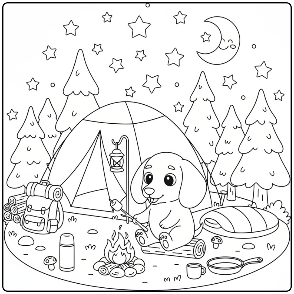 Gezellige kampeer kleurplaat teckel bij een warm kampvuur.