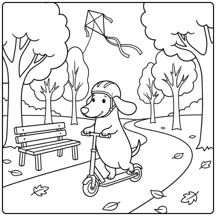 Schattige Kleurplaat Teckel op een step in het herfstpark.