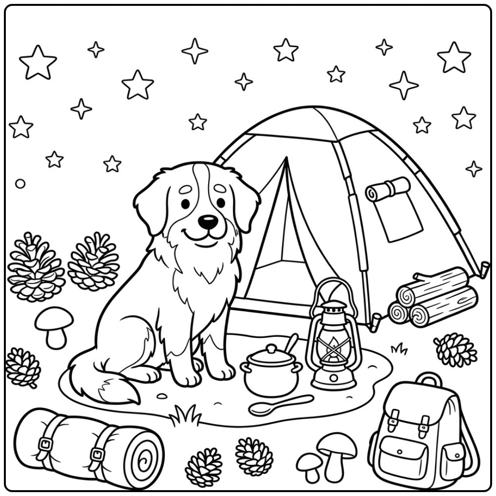 Gezellige kampeer scène kleurplaat berner sennenhond.