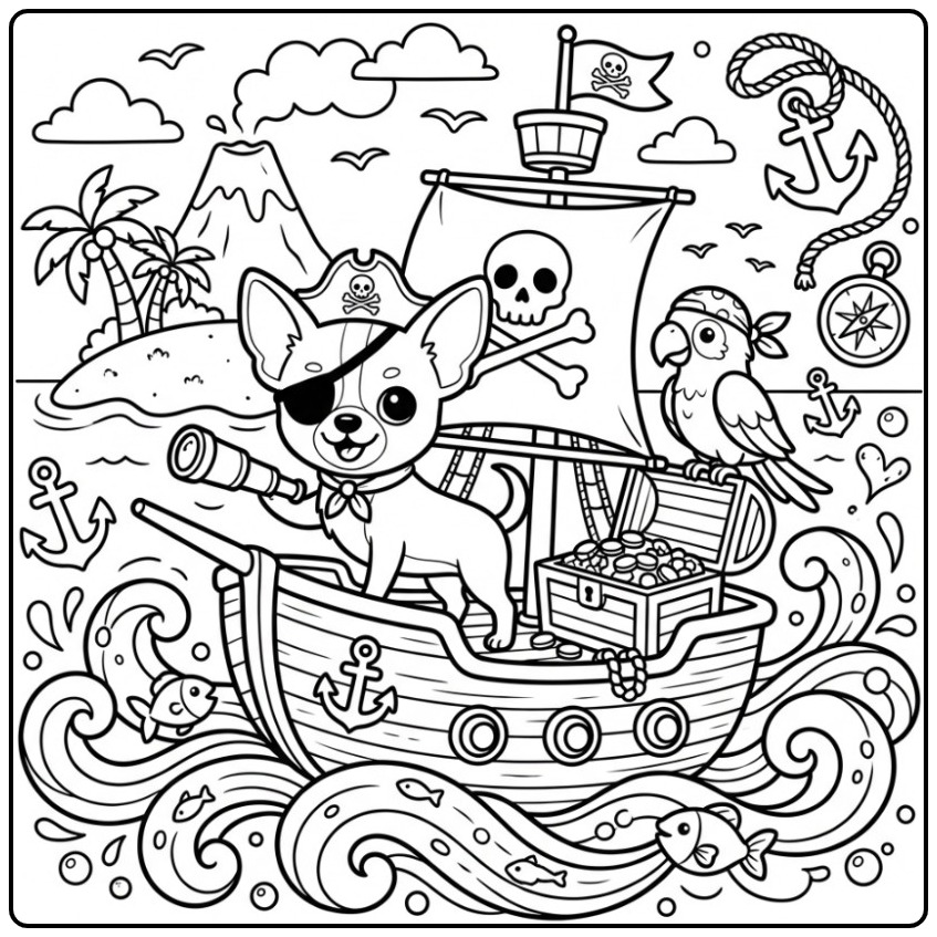 Een leuke kleurplaat chihuahua als piraat op een schip op zee.