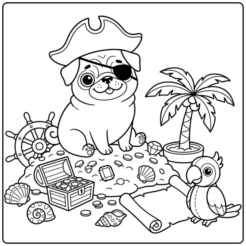 Een leuke kleurplaat mopshond als piraat op een schateiland.