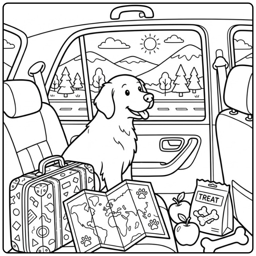 Een blije hond in de auto, een kleurplaat golden retriever.