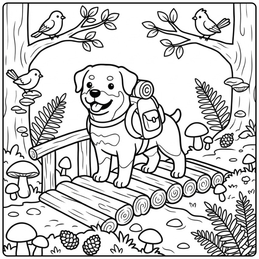 Leuke rottweiler kleurplaat van een hond met rugzak in het bos.