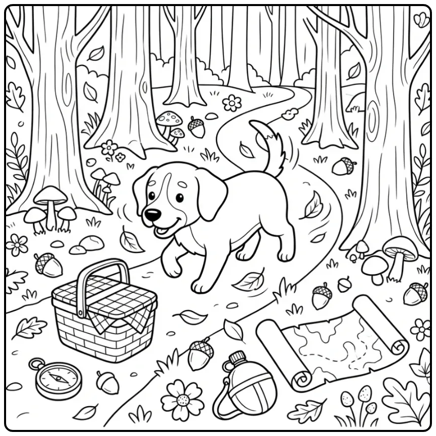 Een Steenbrak op een bospad, een leuke kleurplaat hond volwassenen.