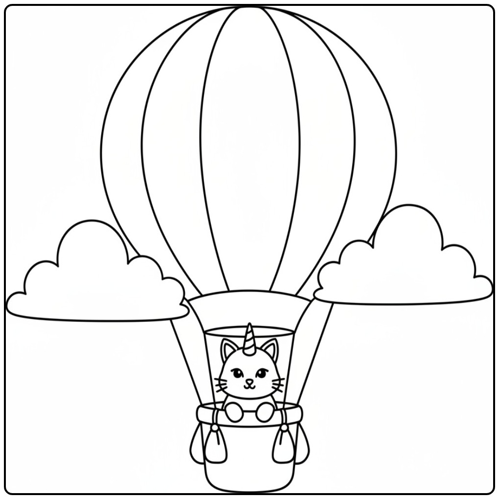 Leuke unicorn kat kleurplaat van een kat in een luchtballon.