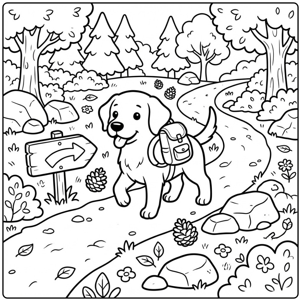 Een schattige kleurplaat labrador met een rugzak in het bos.