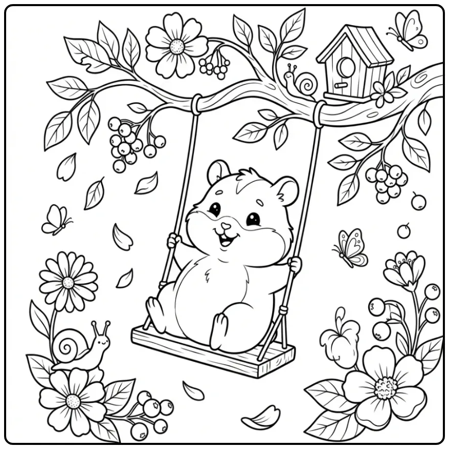 Schattige baby hamster kleurplaat op een kleine schommel.