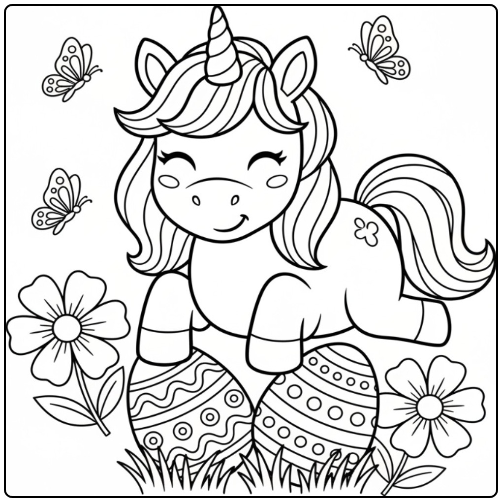 Kleur Baby unicorn Pasen kleurplaat eieren en vlinders, printklaar!