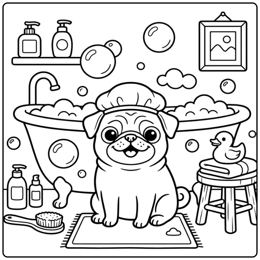 Een grappige mopshond met badmuts, kleurplaat hond makkelijk.