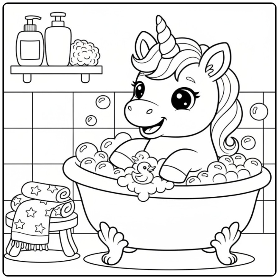 Vrolijke baby unicorn kleurplaat in bad, om zelf in te kleuren.