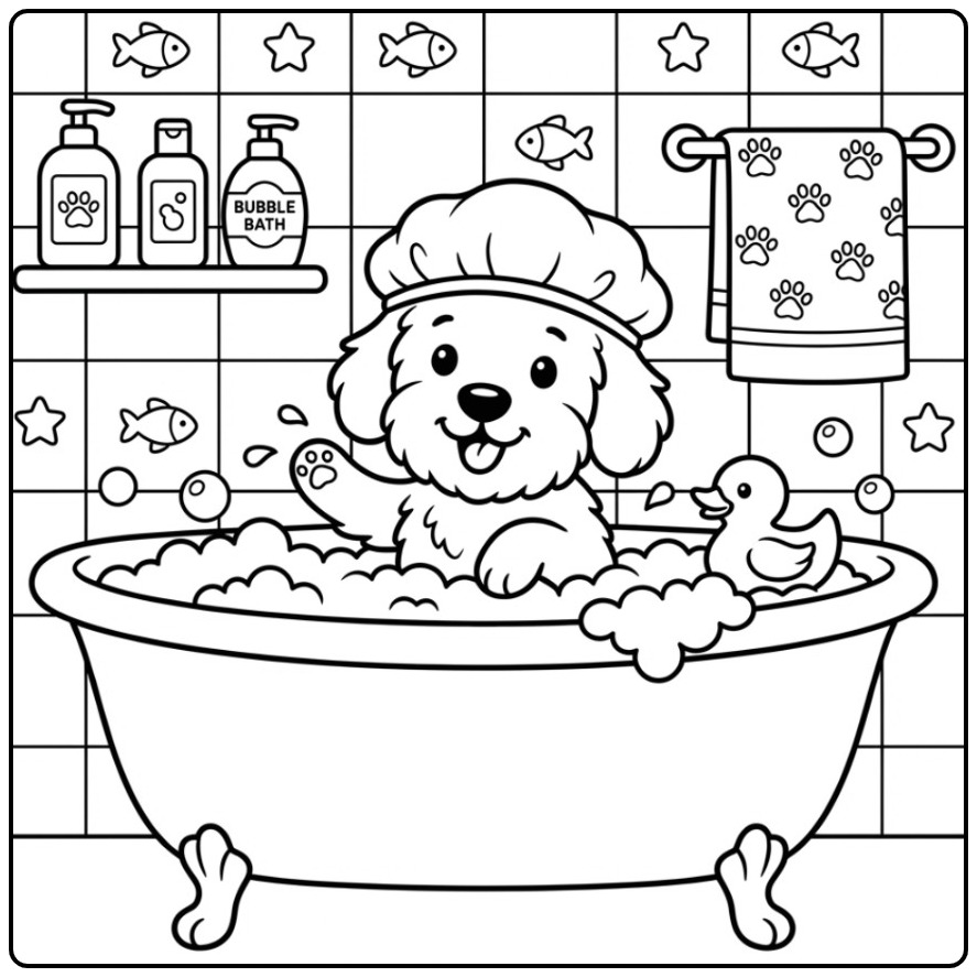 Vrolijke kleurplaat labradoodle puppy in een schuimbad.