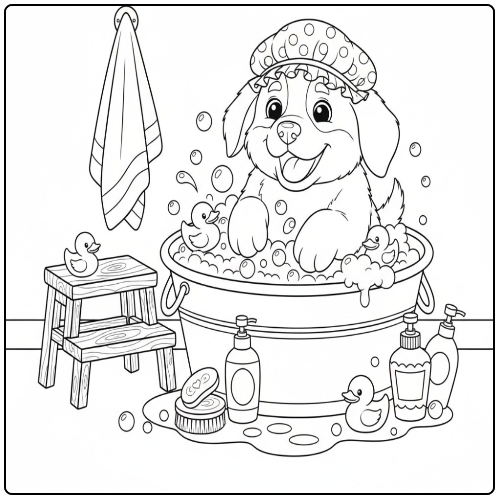 Leuke kleurplaat berner sennenhond in bad met badeendjes.