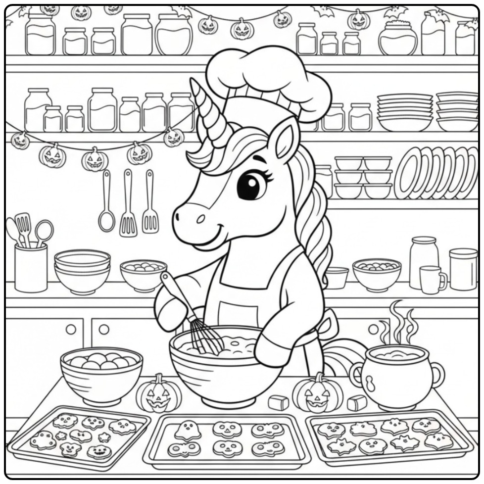 Een eenhoorn chef bakt op deze unicorn halloween kleurplaat.