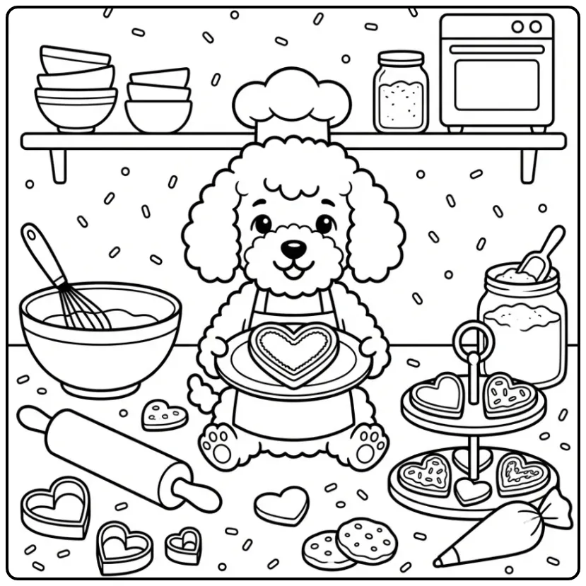 Schattige kleurplaat hondje met hartje in de bakkerij.