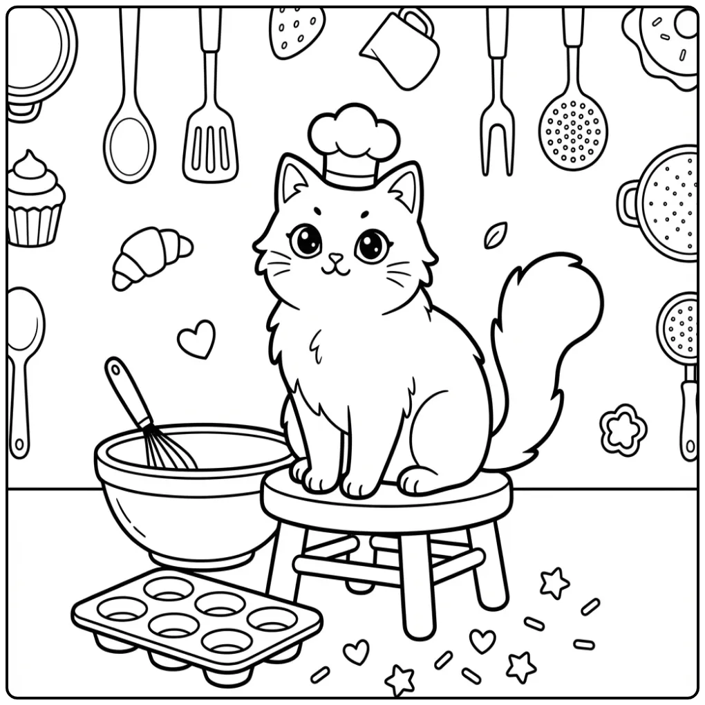 Een schattige kat kleurplaat met koksmuts en cupcakes.