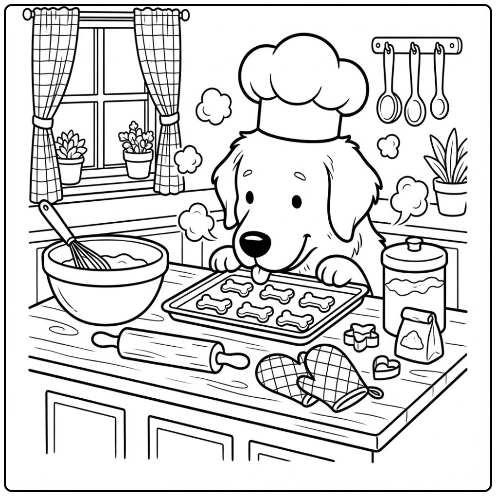 Leuke kleurplaat hondenkop van een Golden Retriever met koksmuts.