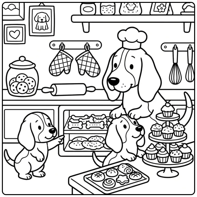 Schattige kleurplaat honden puppies in de bakkerij.