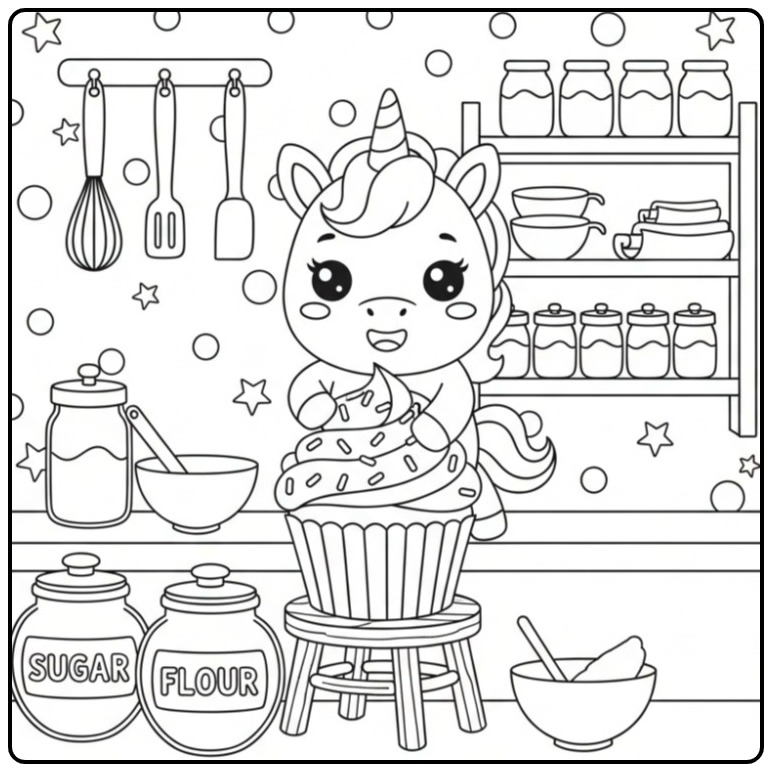 Een vrolijke Kleurplaat kawaii chibi baby unicorn in de keuken.