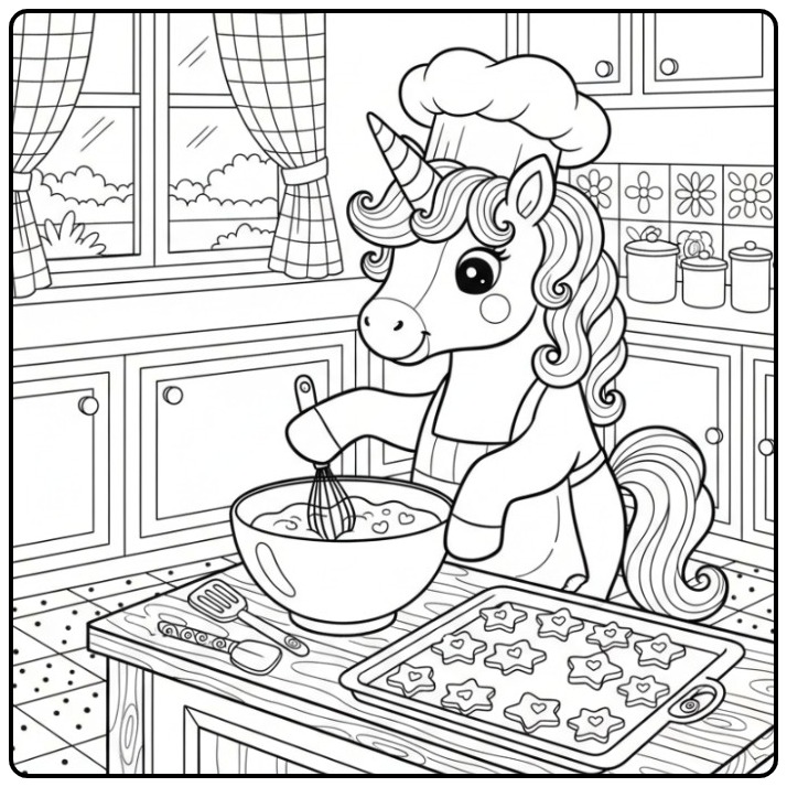 Een leuke kleurplaat eenhoorn schattig die koekjes aan het bakken is.