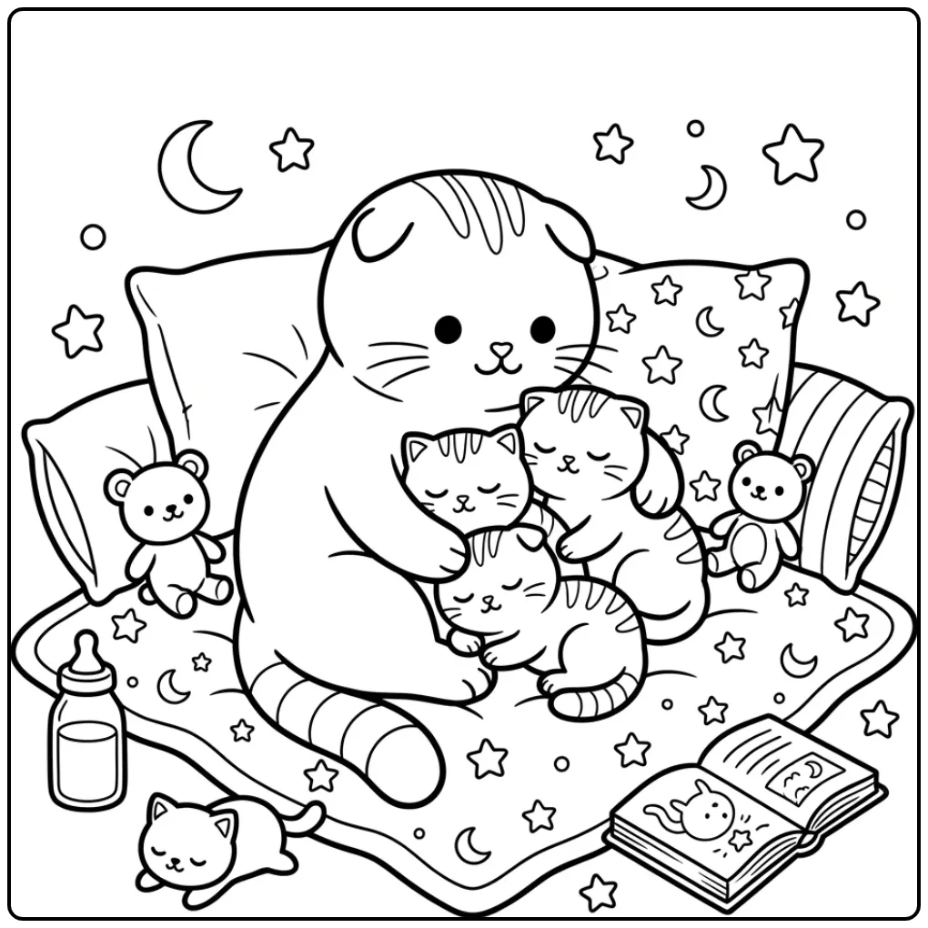 Moederpoes knuffelt jongen, kleurplaat kat met kittens.