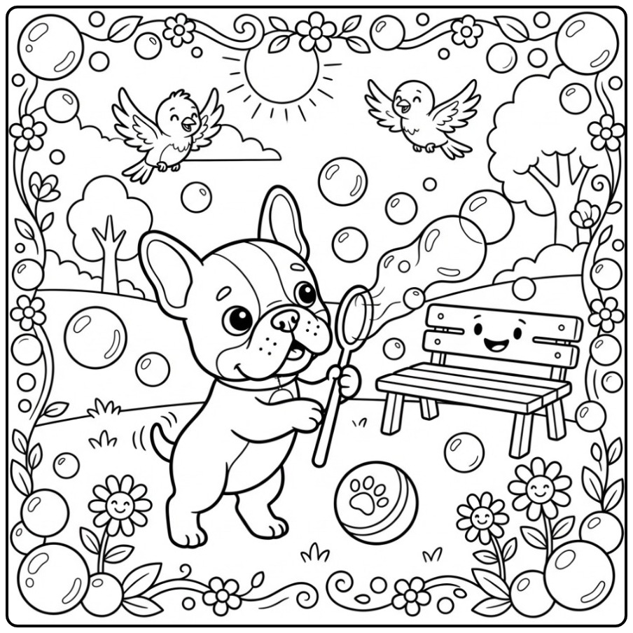 Een vrolijke schattige franse bulldog kleurplaat in het park.