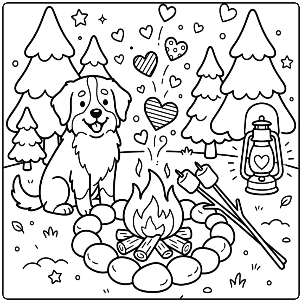 Schattige kleurplaat hond met hartjes bij een kampvuur.