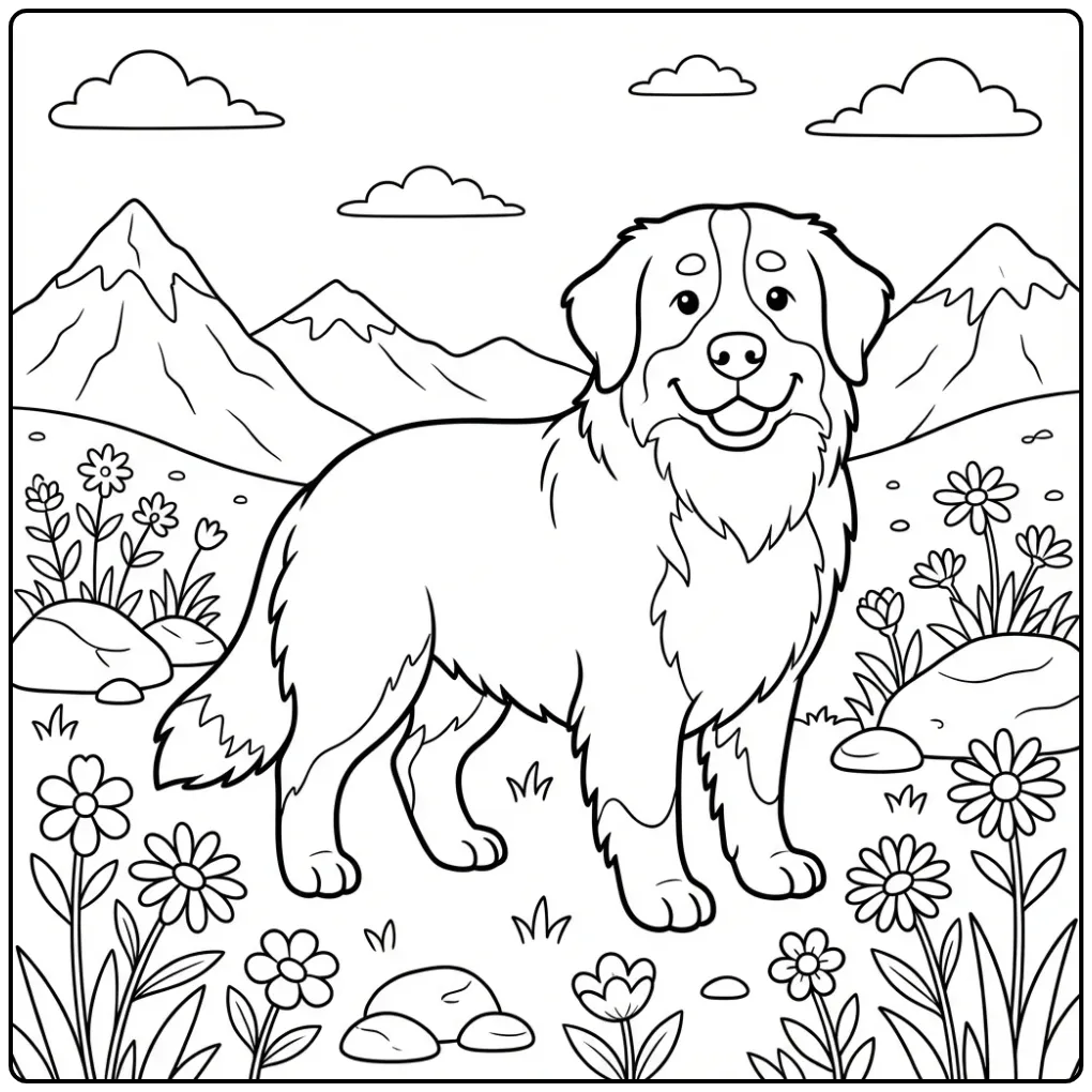 Schattige kleurplaat hond Berner Sennen in bergweide.