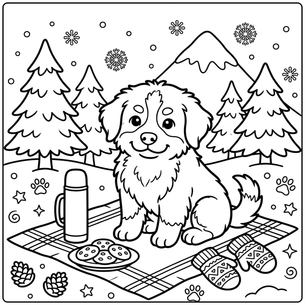 Schattige kleurplaat puppy in de sneeuw met koekjes.