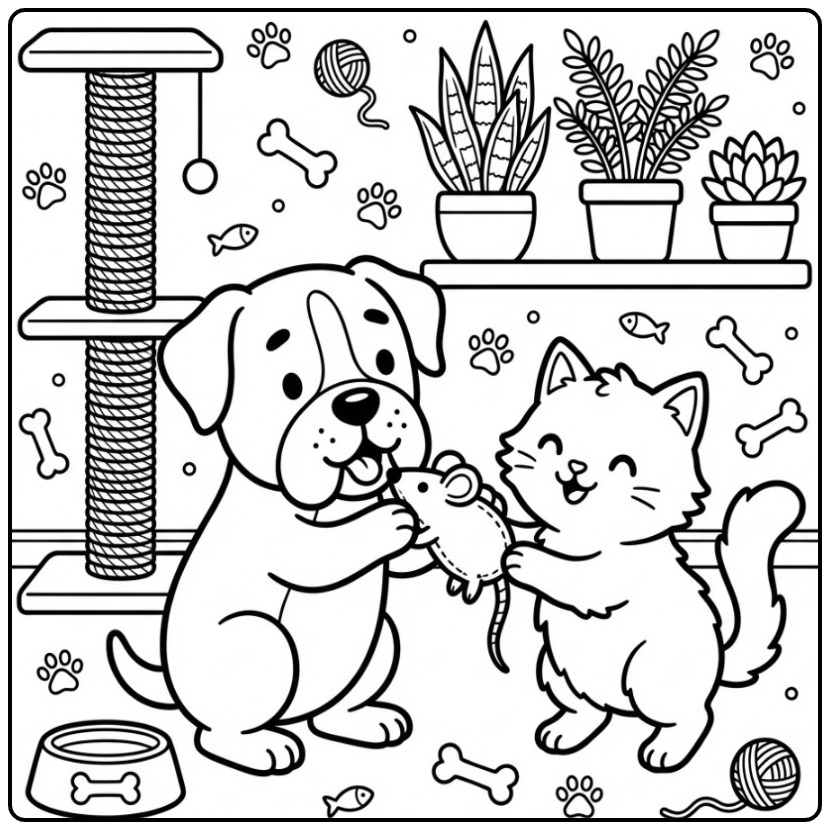 Een schattige kleurplaat boxer hond speelt met een klein poesje.