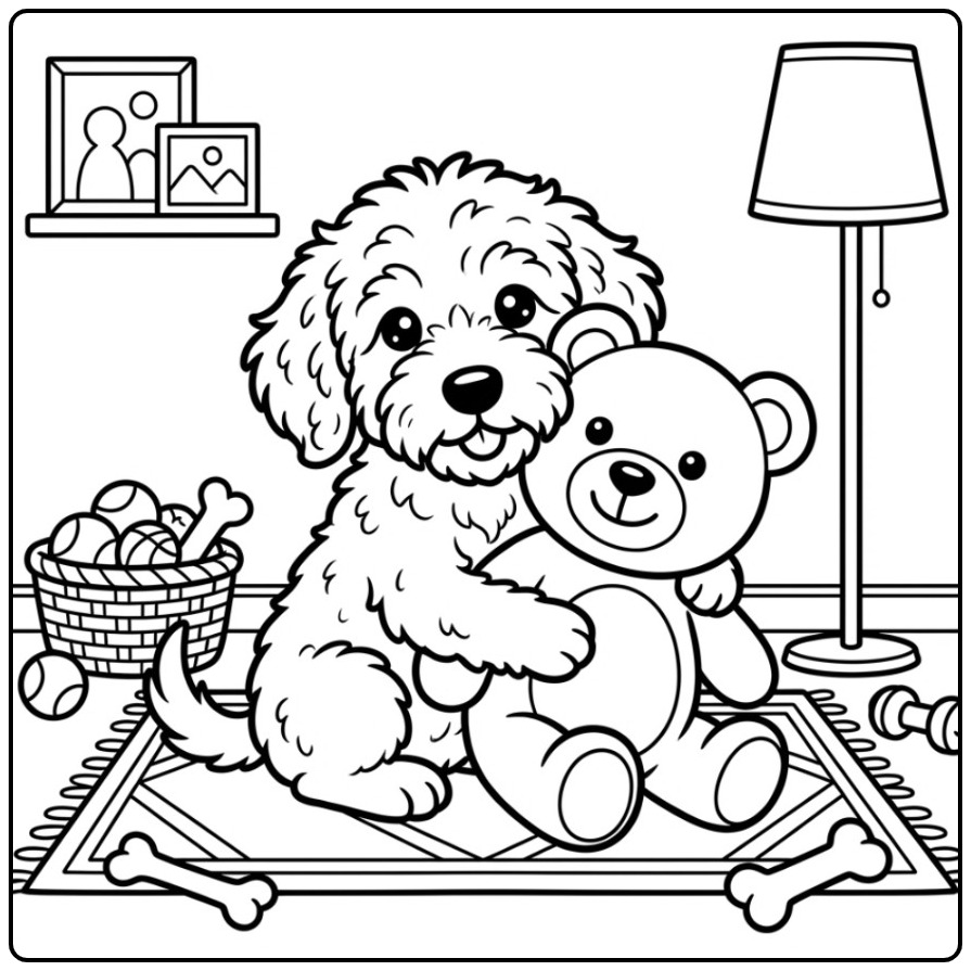 Schattige kleurplaat labradoodle knuffelt een teddybeer.