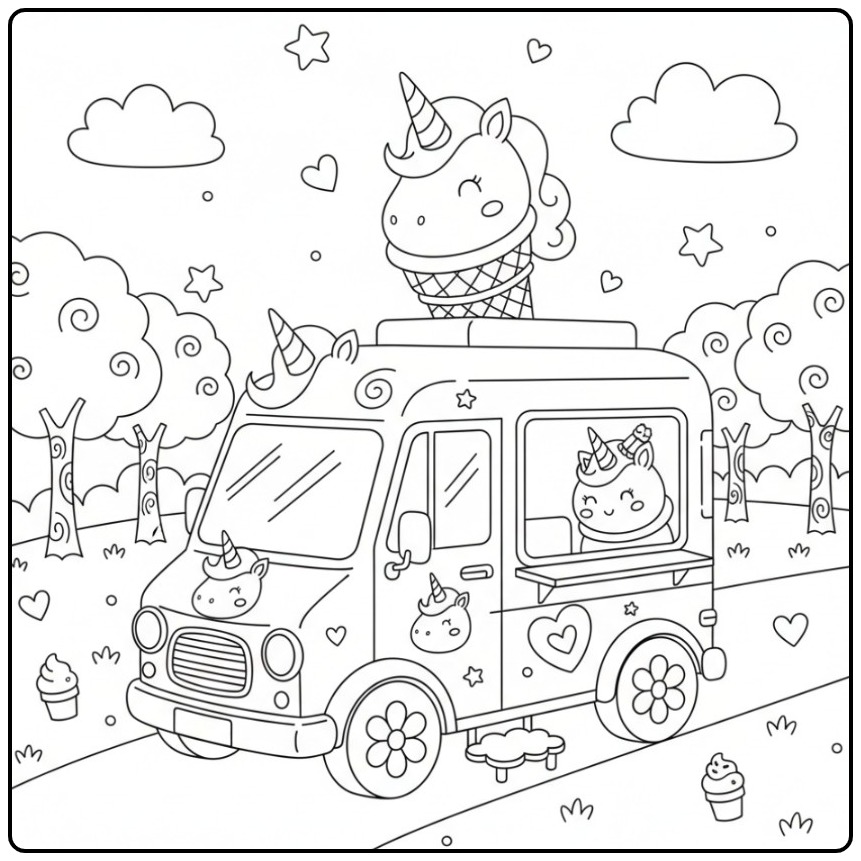 Kleurplaat eenhoorn-ijswagen met vrolijke eenhoornfiguurtjes en ijs.