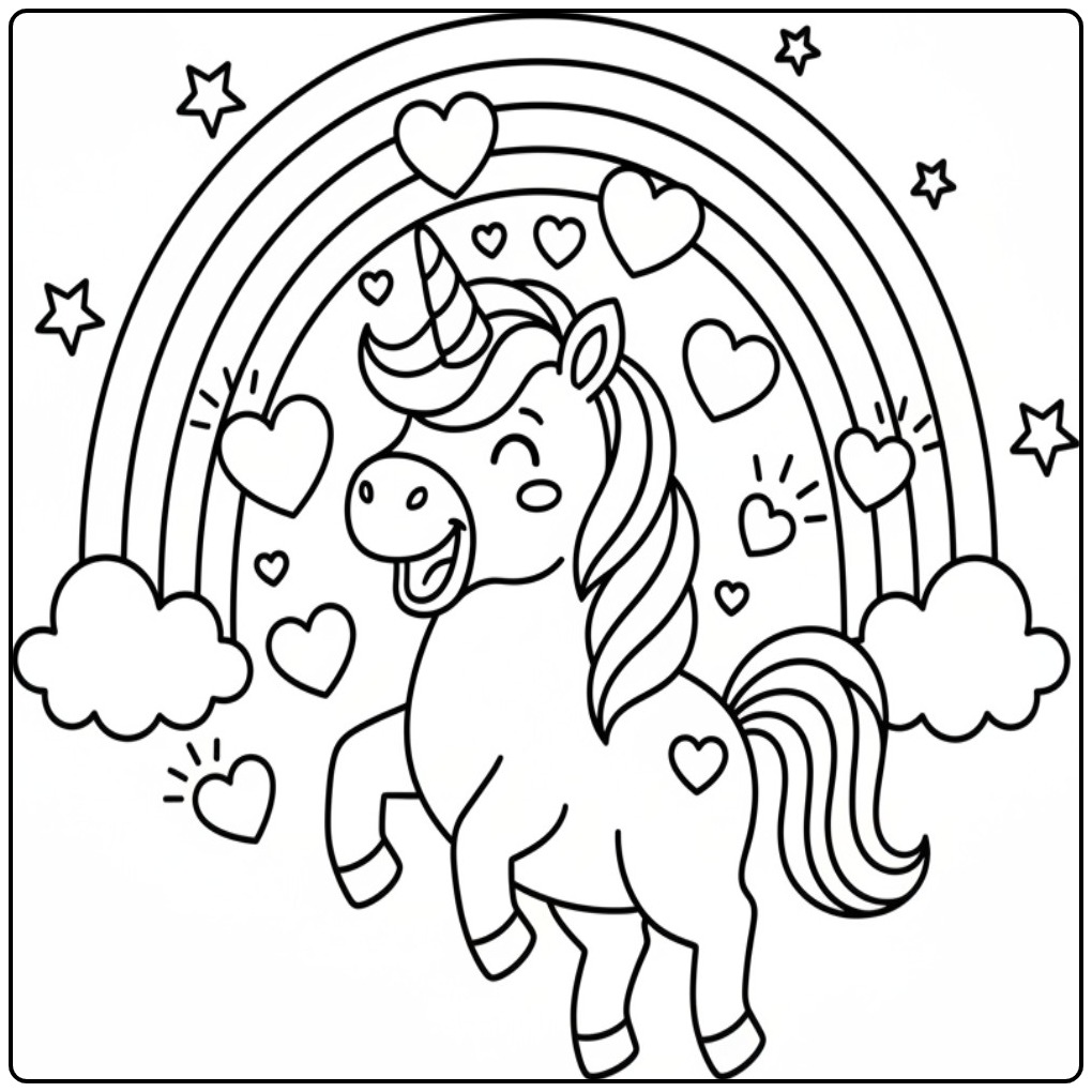 Kleurplaat eenhoorn met hartjes en regenboog, klaar om magisch te worden ingekleurd.